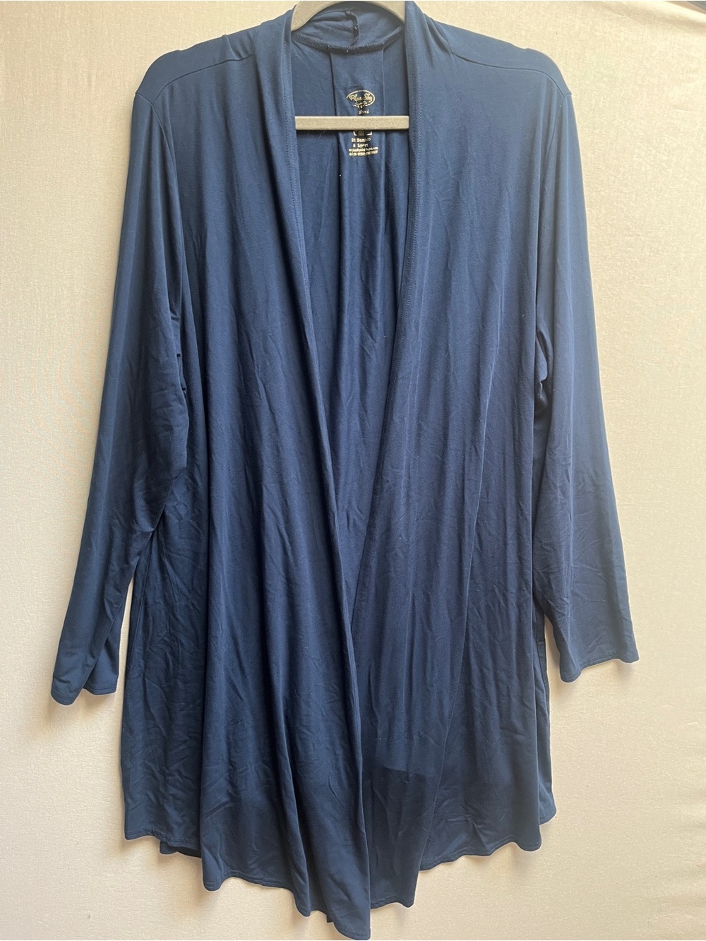Blue Sky Bamboo Open-Front Draped Long Sleeve Cardigan Navy Plus Sz 2X